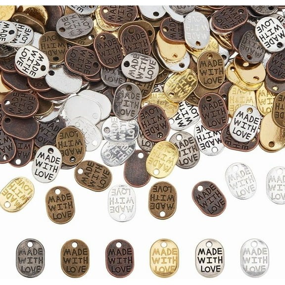 360 pcs 6 Colors Metal Handmade Tags 11x8mm Made with Love Tag Pendant Charm Message Love Charms Tibetan Style