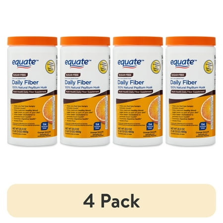 (4 pack) Equate Sugar Free Daily Fiber Supplement Psyllium Husk Fiber Orange Powder, 23.3 oz, Compare to Metamucil® 4-in-1 Multihealth Fiber™