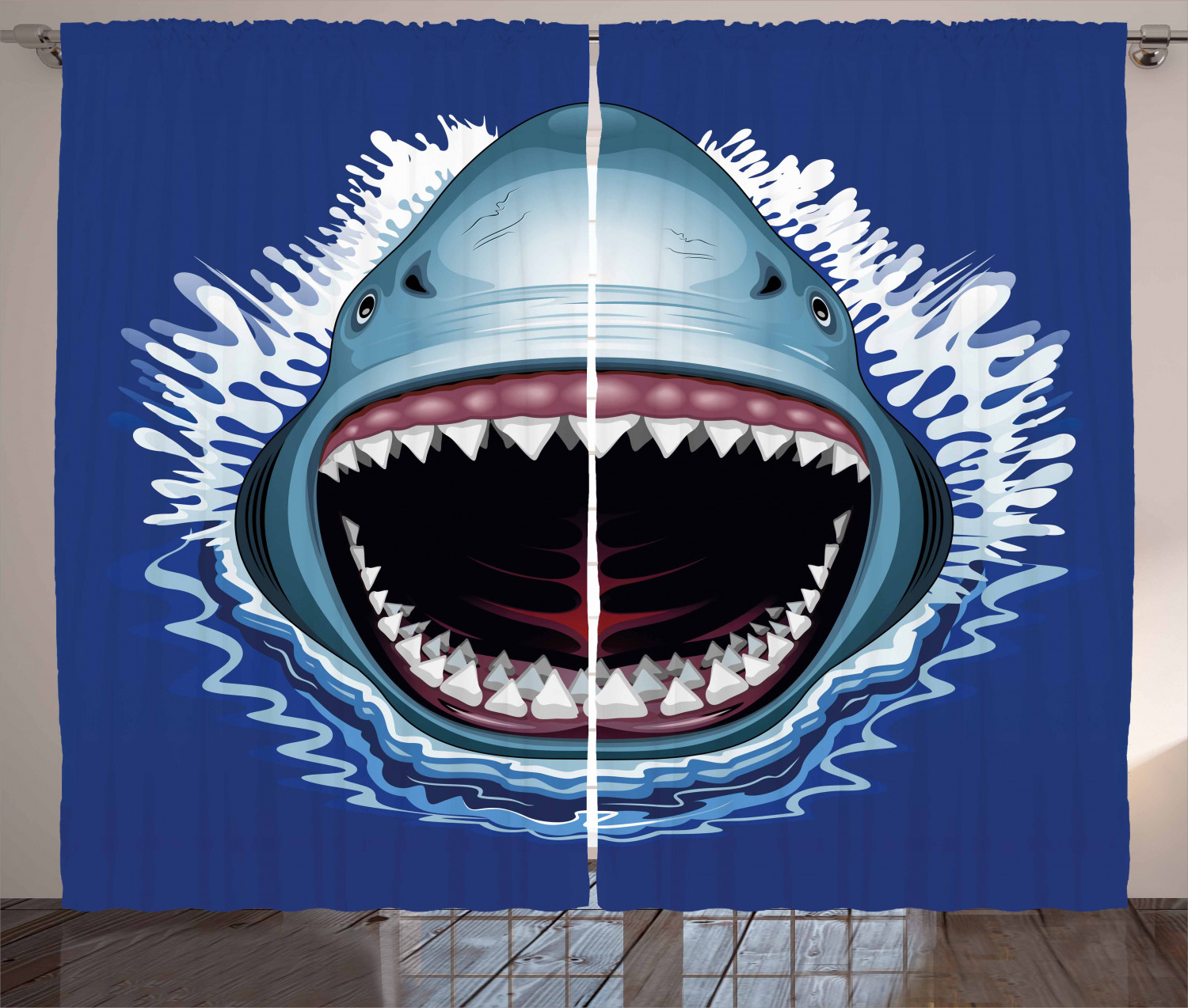 Shark Curtains 2 Panels Set, Attack of Open Mouth Sharp ...