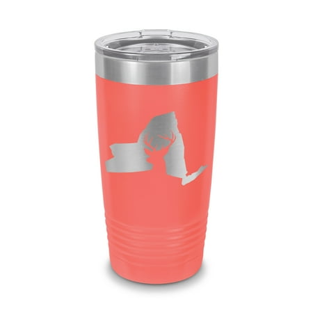 

New York Deer State Tumbler 20 oz - Laser Engraved w/ Clear Lid - Stainless Steel - Vacuum Insulated - Double Walled - Travel Mug - buck hunt hunting rifle ny - Coral
