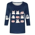thumbnail image 4 of Women's Funny Halloween T-shirts 3/4 Sleeve Round Neck Ghost Graphic Printed Casual Tees Holiday Tops Plus Size (XL, Navy 01), 4 of 4
