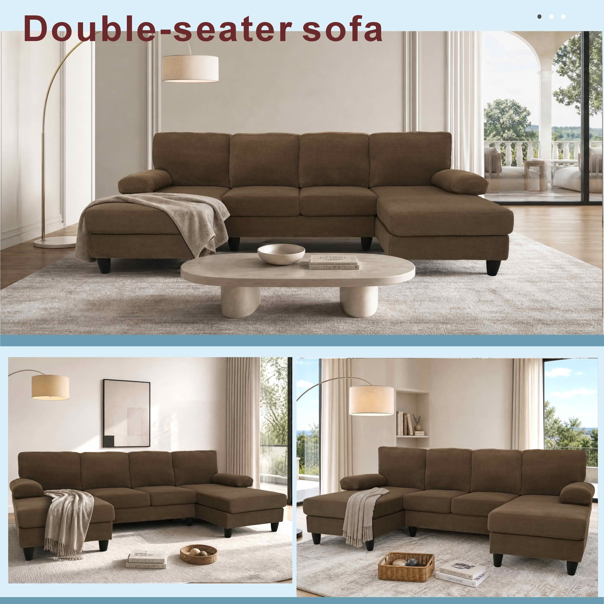 MAYEERTY 104" U‑Shaped Sectional Sofa, Nubby Textured Upholstery Couch with Dual Chaise & Plush Upholstered Armrests, Modern Living Room Furniture