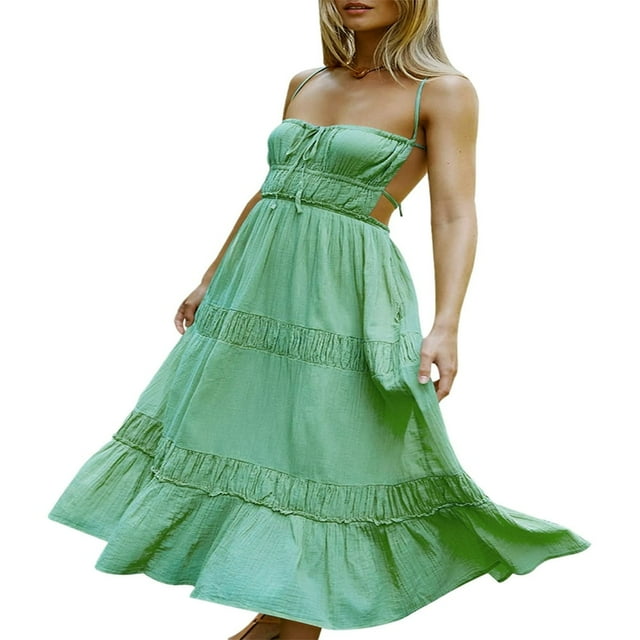 Femmes Été Robes Longues Bretelles Spaghetti Dos Nu Tiered Maxi Robe