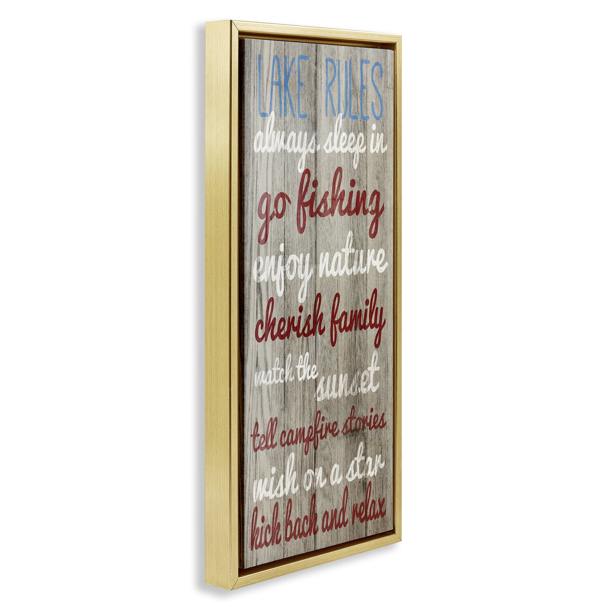 Stupell Industries Rustic Lake Rules Typography Painting Gold Floater Framed Canvas Art Print Wall Art, 15 x 31