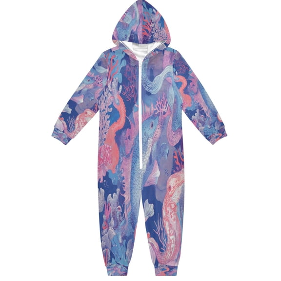 Soft Big Kids Onesie Pajamas Cozy Loose-Fit Jumpsuits for kids with Pockets for Christmas Lounge & Play Sea Creatures Pattern