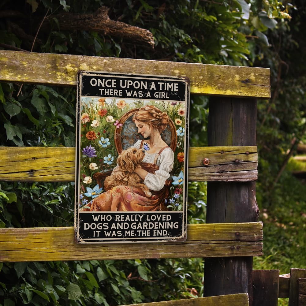 Cartello In Metallo Vintage 20x30 Cm Con Scritta 'Once Upon A Time There Was A Girl Who Really Loved Dogs And Gardening', Decorazione Da Giardino