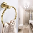 thumbnail image 3 of Juego de accesorios de baño dorados, soporte para papel higiénico de oro cepillado, toallero y 2 ganchos para bata, accesorios de baño, kit de barra para toallas, soporte de pared de acero inoxidable, 3 of 5