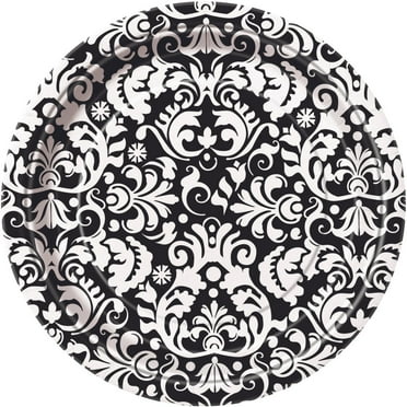 7" Black Damask Paper Dessert Plates, 8ct