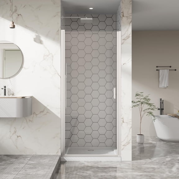 Kaisneo 34 in x 72 in Semi-Frameless Pivot 1/4 Inch Thick Clear Tempered Glass Shower Door