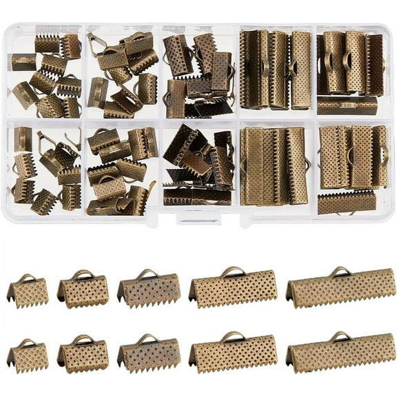 100Pcs Assorted Sizes of Antique Bronze Ribbon Clamp End Crimps Bracelet Bookmark Leather Pinch Crimps Sets Size 8-25x6-8x5mm in Box for Jewelry Craft Supplies