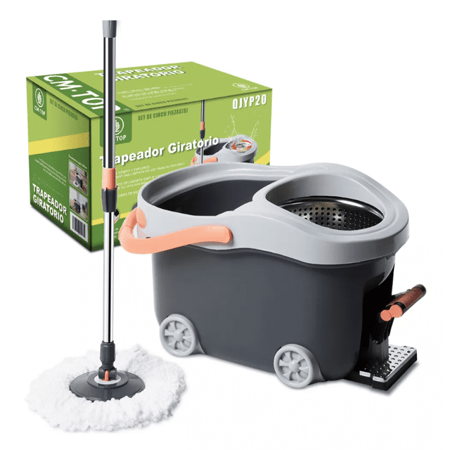 Trapeador de Microfibra Giratorio con Cubeta Spin Mop Mágico CM-TOP, Color Gris