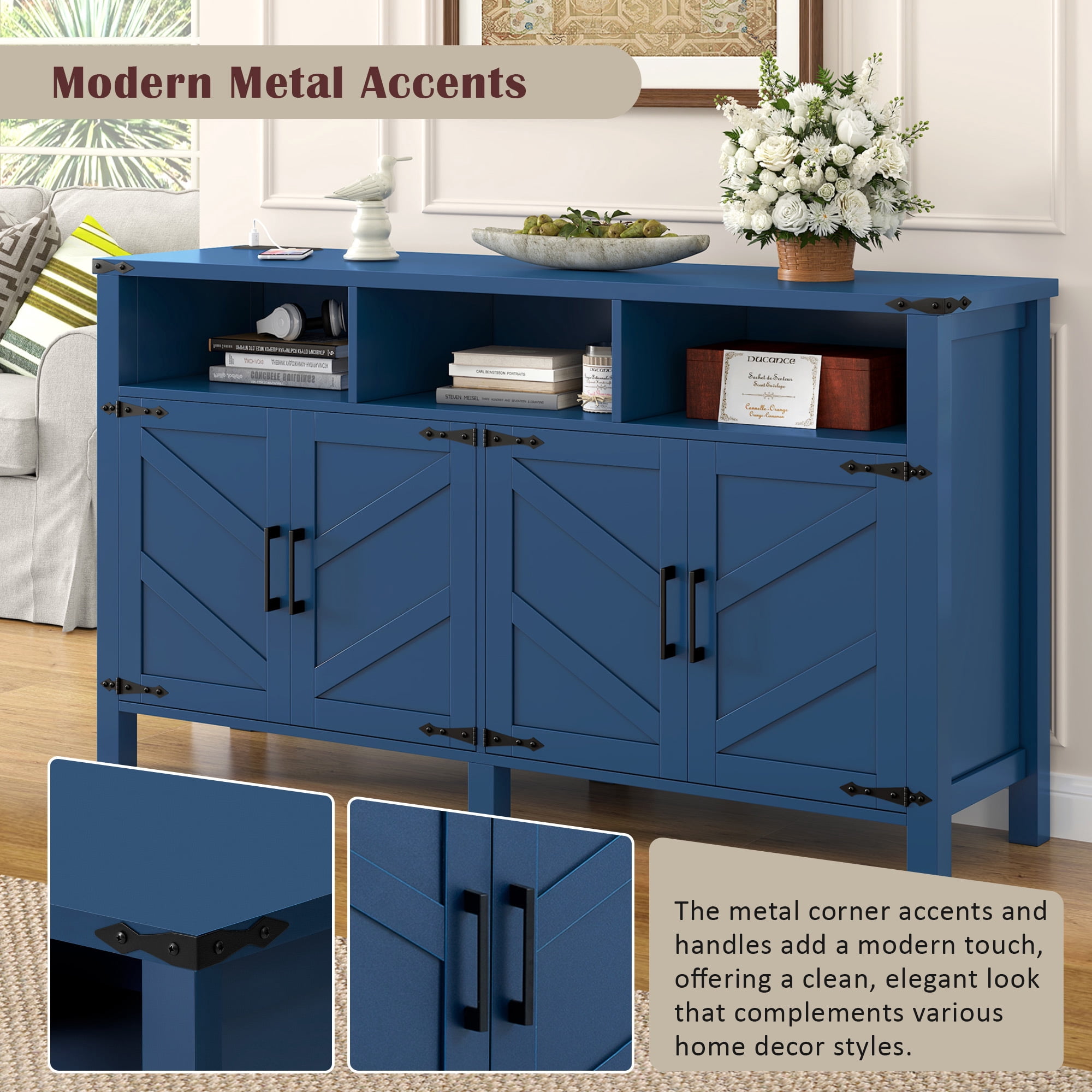 Euroco 59" Large Sideboard Buffet Cabinet with Storage, Wood Coffee Bar Station with Charging Station,Adjustable Shelves and Open Storage Shef for Living Room,Dining Room,Navy Blue