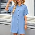 thumbnail image 5 of Umbreon Blue Summer Dresses for Women Linen Short Sleeve Lape L Shirt Dress Button Solid Color Causal Loose Beach Vacation Midi Dresses with Pockets, 5 of 7