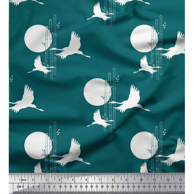 Soimoi Rayon Fabric Bamboo Tree,Moon & Stork Bird Print Fabric by The Yard 42 Inch Wide