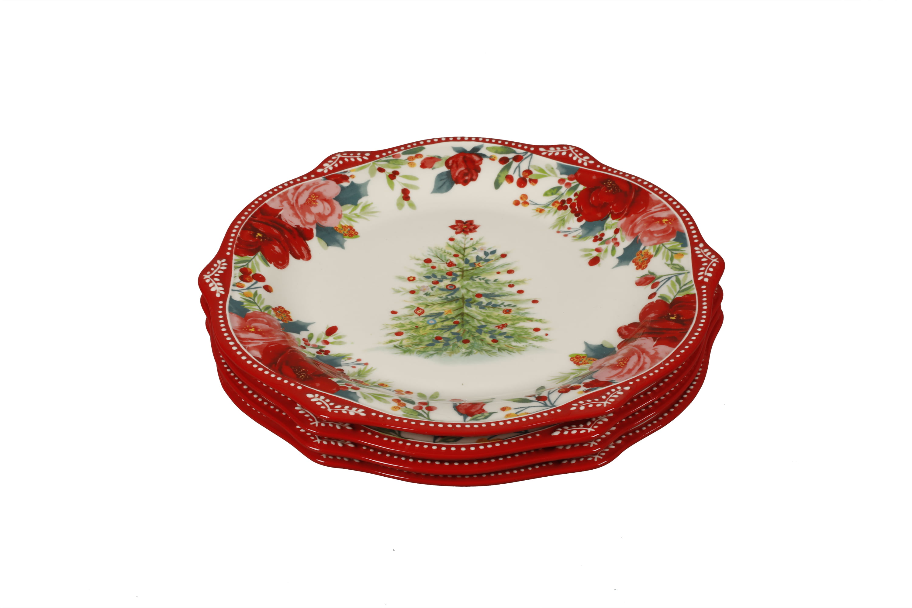 PIONEER WOMAN CHEERFUL ROSE DESIGN CHRISTMAS SHARING PLATE 12" RED Teal Set Of 2