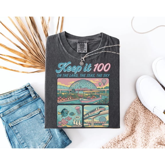 Epcot Inspired Comfort Colors T-Shirt, Keep It 100 Theme Park Tee, Retro The Land Shirt, Matching Family Vacation,Pepper Color,Size M