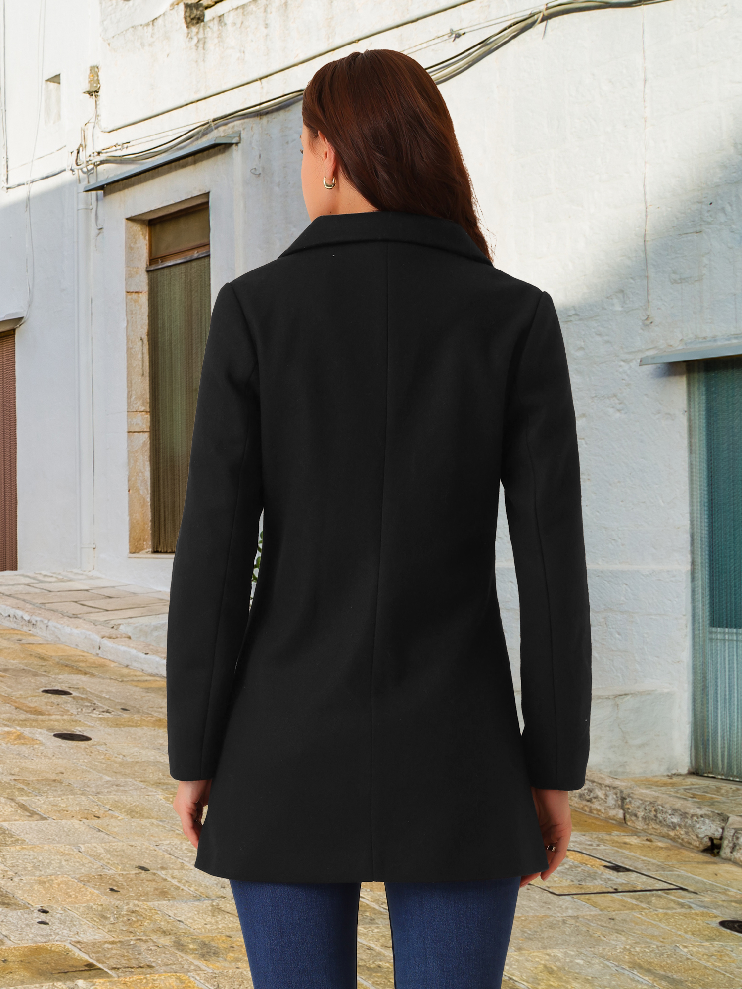 DARING DIVA Women's Winter Overcoat Mid-Long Notch Lapel Peacoat with Pockets L Black