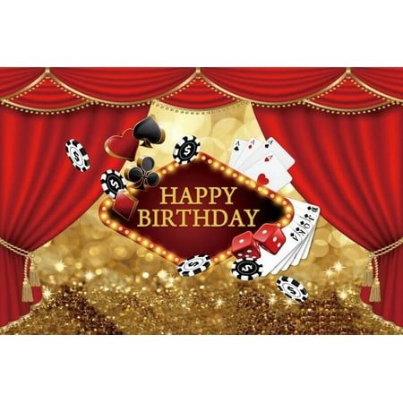 Image of Happy Birthday Casino Backdrop Gold Light Bokeh Poker Curtain 4A Dice Kids Portrait Customized Photography Background