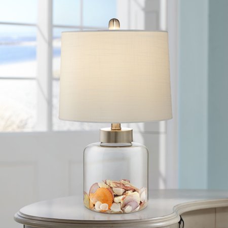 Clear Glass Table Lamps For Living Room 360 Lighting Nautical Accent Table Lamp Clear Glass Fillable Sea Shells Off White Linen Drum Shade for Living Room Bedroom Bedside ()
