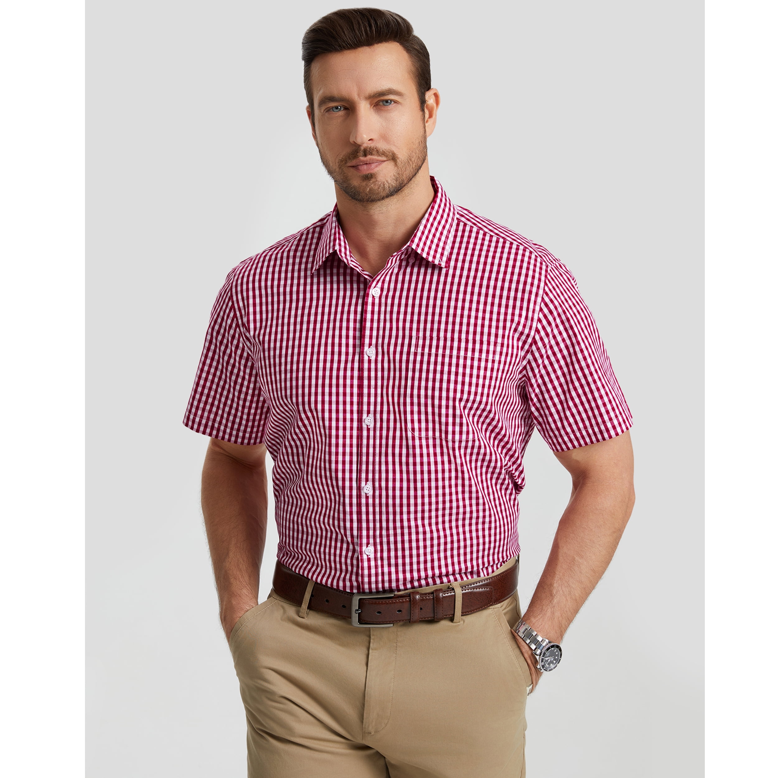 Mens Plaid Shirts Short Sleeve Summer Button Down Shirt Formal Business Work Red Shirts with Pocket