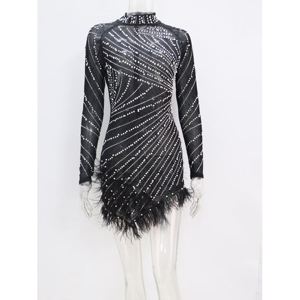 Kricesseen Luxury Rhinestones & Pearls Feather Mini Dress New Spring Women Sheer Mesh Sequins Short Party Dress Birthday OutfitsM Gao Jinjia LED