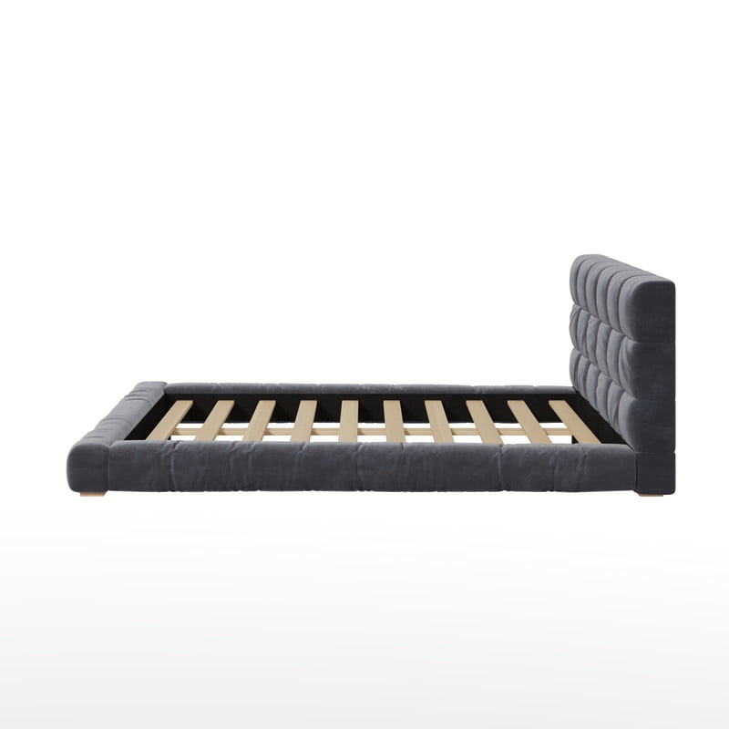 Velvet Queen/King Size Platform Bed Frame, Upholstered Floor Bed, Fully Wrapped Grounded Bed with Channel Tufted Headboard