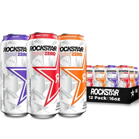 Rockstar Pure Zero Energy Drink, 3 Flavor Variety Pack, 16 fl oz, 12 Pack Cans