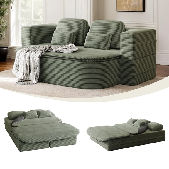 75'' Convertible Floor Folding Couch, 2-in-1 Sleeper Sofa Bed with Memory Foam, Foldable Sofa with 4 Pillows & Blanket for Living Room, Apartment, No Assembly Needed