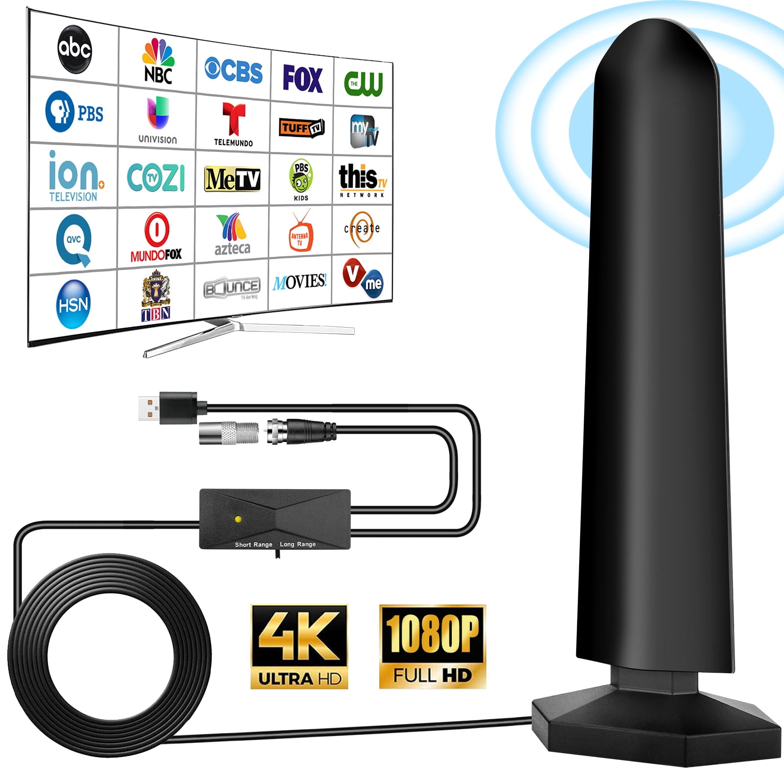 TSV Indoor HD Digital TV Antenna for Smart/Older/Outdoor TV, Support 4K 1080p, 520 Miles Range, with Amplifier and Signal Booster, 16FT Coax HDTV Cable