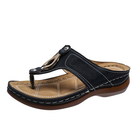 Faux-Leather Womens Sandals  Slippers for Women Flip Flop Walking Thong Open Toe Summer Casual Shoes  Black 9.5