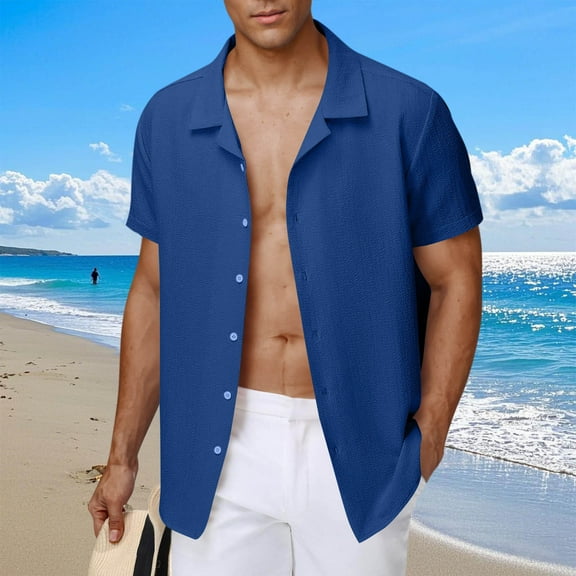 Coorders George Men's Button Down Tee Tops, Casual Men's Swrinkled Beach Light Short Sleeve T-Shirts, Dark Blue,Size, XXL