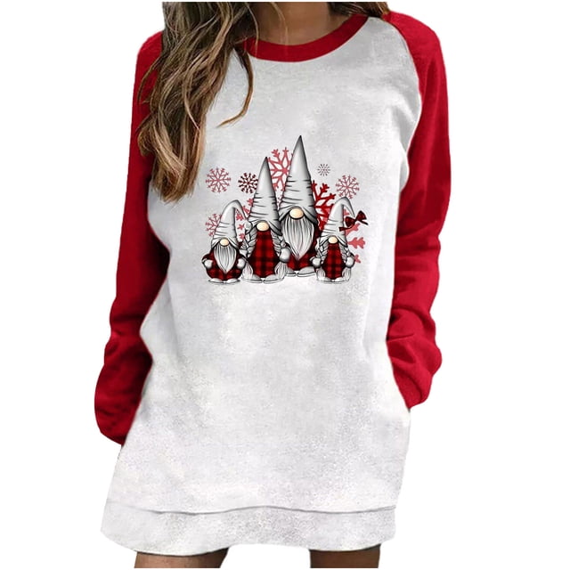 Vestido de Sudadera de Navidad Para Mujer Nueva Moda Casual Estampado de Manga Larga Cuello Redondo Contraste Color Top Ropa Odeerbi ODB198990