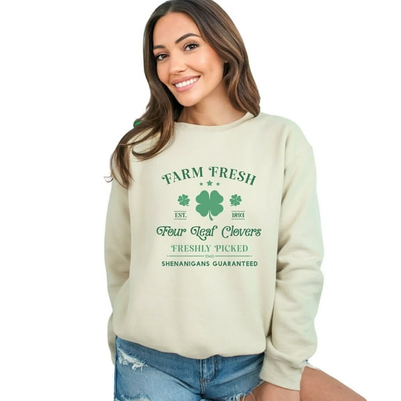 Farm Fresh Four Leaf Clovers Sweatshirt, Vintage Style St. Patrick's Day Apparel, Unisex Green Pullover, Irish Heritage Clothing