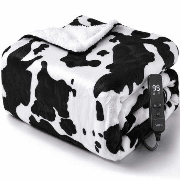 GARVEE Heated Electric Blanket,50"x60" Cow Print Fast Heating Throw Blankets with LCD Controller,10 Heat Settings&1-9H Timer Auto Shut Off,Black White