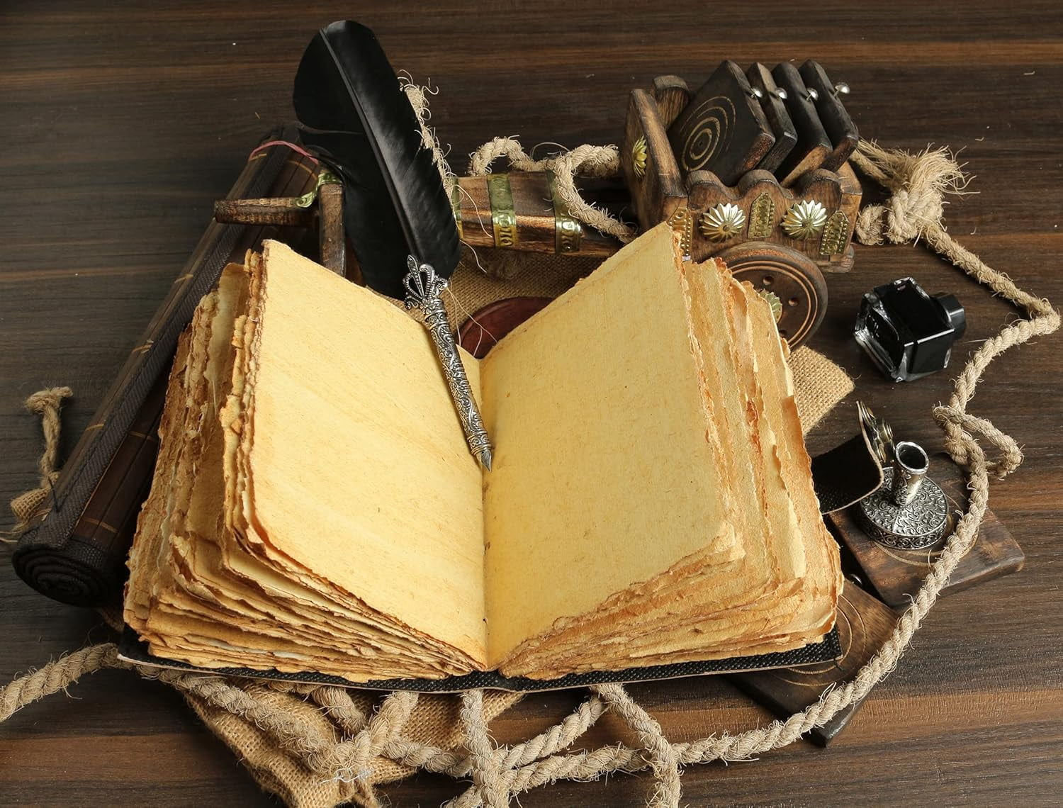 Sun Moon Leather Journal for Men & Women - Blank Spell Book of Shadows Grimoire Witchy Journal, 200 Deckle Edge Vintage Paper, Leather Journal, Gothic Gift (8x6)