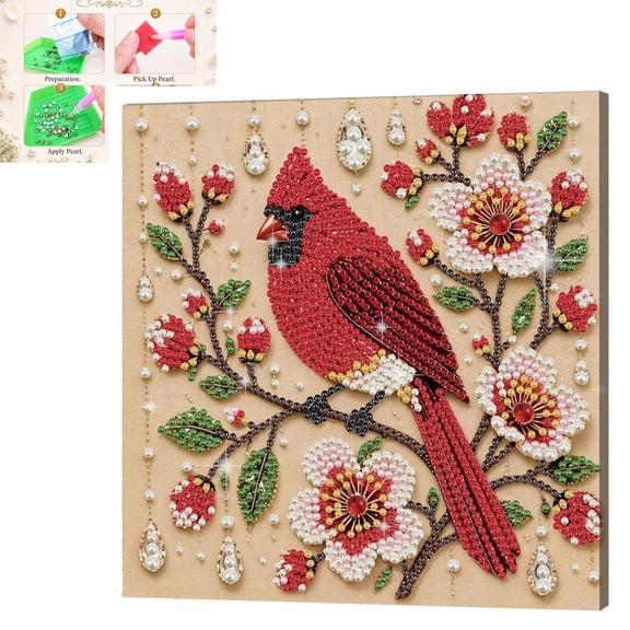 AOKISEN DIY Pearl Diamond Art Kit with Cardinal Blossom Design, All Inclusive Craft Set for Adults and Teens, Framed Home Decor