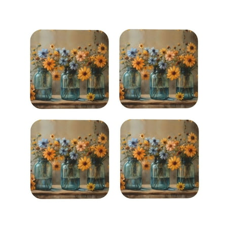 

Leather Coasters Set of 4 - Charming Daisy Bouquet Art Lightweight Non-Slip Drink Coasters for Desk Anti-Scalding Desk Cup Coasters for Office Table Decor Square