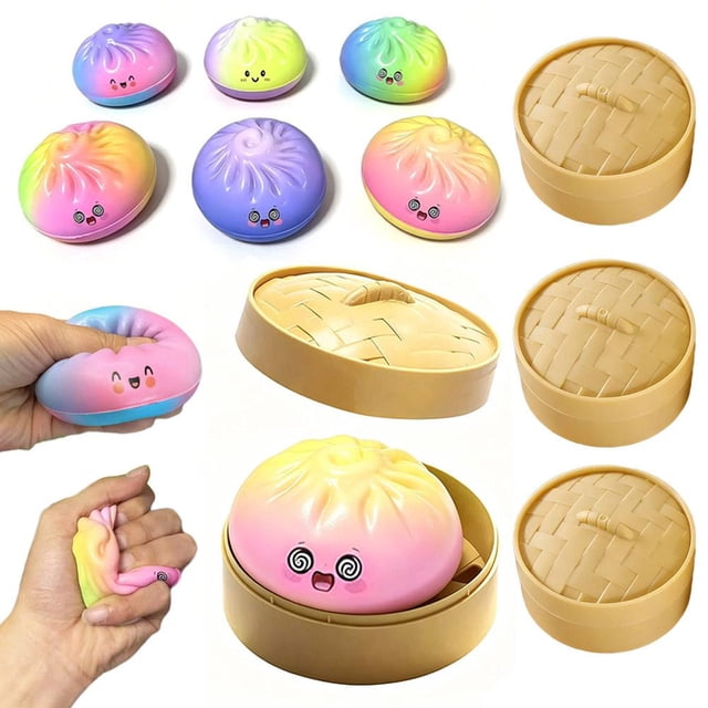 Dumpling Squishies Mystery Set with Steamer Box, Super Mega Rainbow Dumplings, Jumbo Sensory Stress Relief Fidget Toy, Giant Pink Dumpling Squishies Stress Ball for Anxiety Relief for Adults and Teen