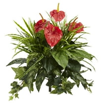 Nearly Natural 24" Mixed Green Anthurium Polyester Artificial Plant (Set of 2), Red