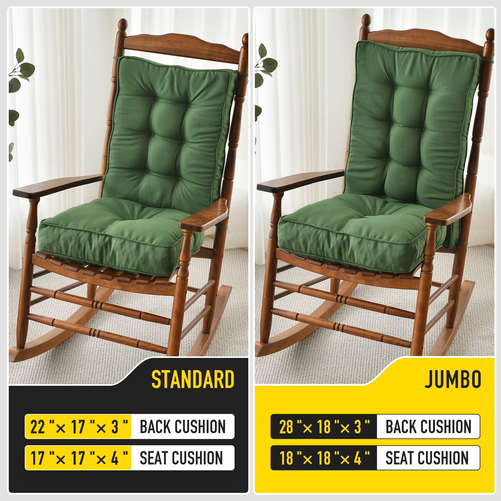SUNROX Memory Foam Non Slip Rocking Chair Cushion, Set of Seat & Back Cushion with Ties for Indoor/Outdoor Rocker, FadeShield Water Resistant Thicken Durable Tufted Pads, 2 Piece, Army Green
