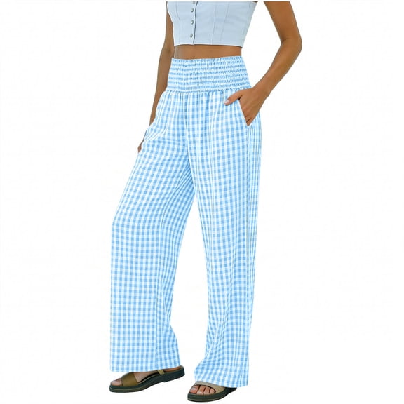 Kvture Wide Leg Pants for Women Striped Gingham Casual Cute Pajama Pants High Waisted Trousers with Pockets Light Blue Pant L