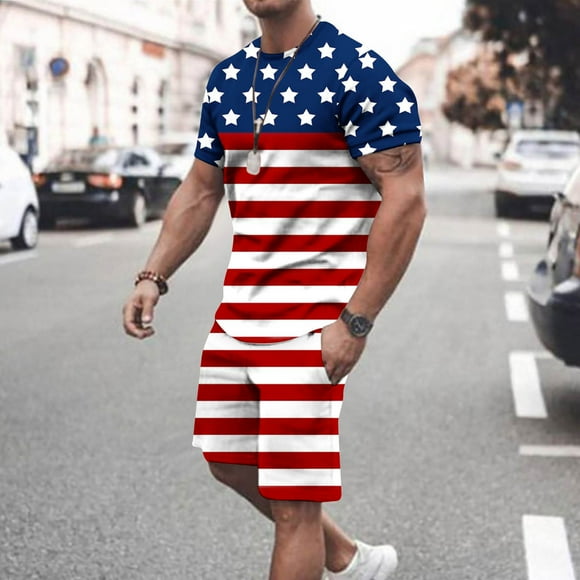 Styesk Mens Outfits 2 Piece Men's 3D Unlimited Independent Day Printing Set With Round Neck Short Sleeve T-shirt Elastic Waist Shorts Casual Sports Holiday Top Shorts Two Piece Set