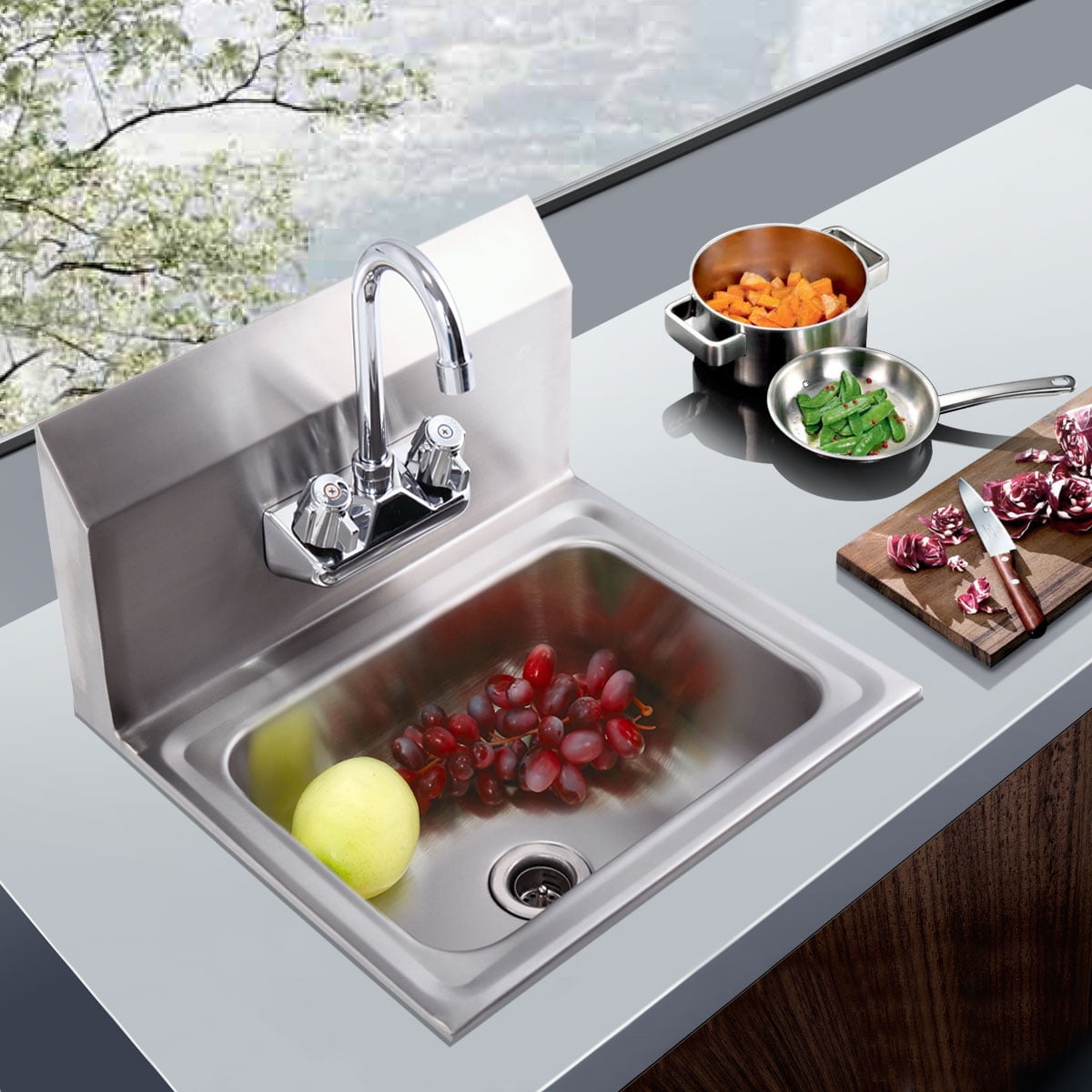 Kepooman Stainless Steel Hand Washing Sink with Faucet, Wall Mount