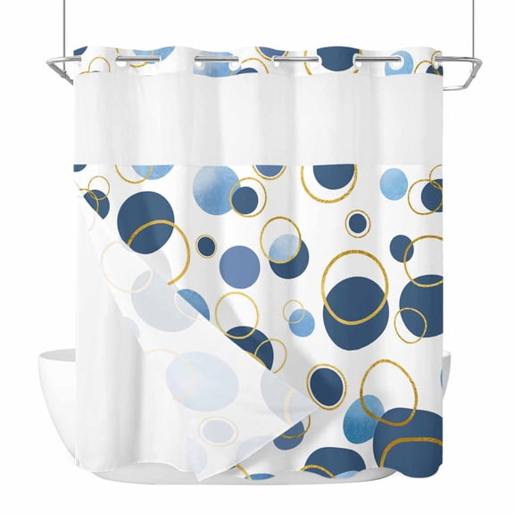 No Hook Blue Polka Dots Shower Curtain with Snap in Liner Set, Modern Abstract Art Waterproof Fabric Bathroom Curtains with See Through Top Window, Hotel Style Modern 66 x 72 Inch