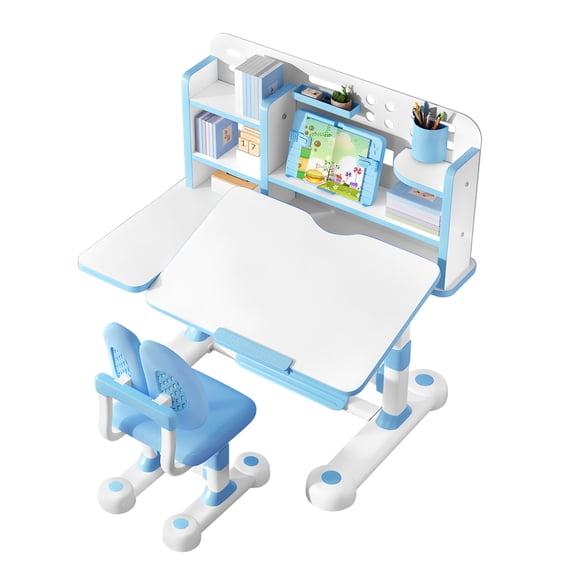 Hyasfey Blue Kid's Study Desk And Chair Set,Height Adjustable, Bookshelf, Storage Drawer