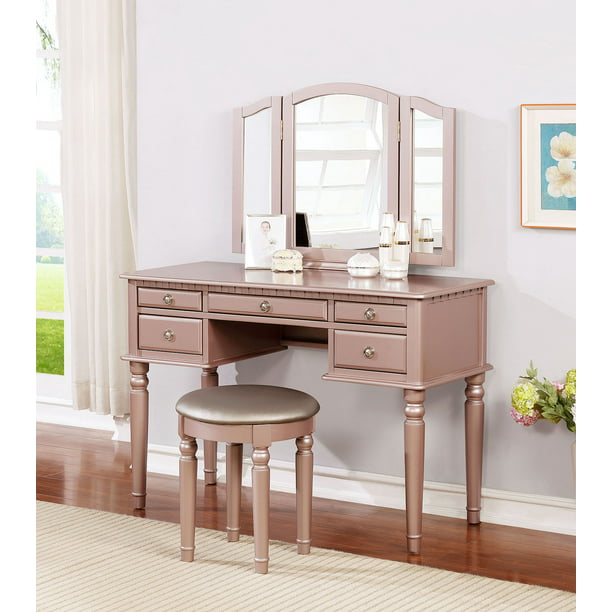 Fold Mirror Vanity Table With Stool Set, Vanity Desk Mirror Set