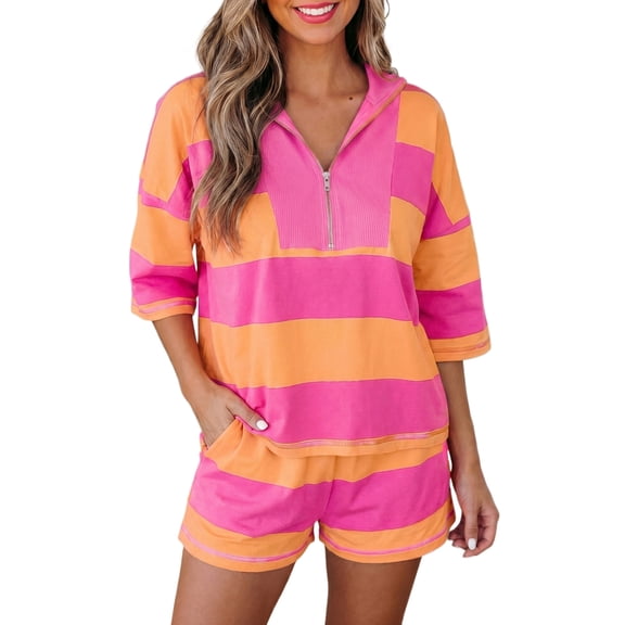 ZhiHiMeRi Striped Women's 2-Piece Short Set with Half Zip – High Waist Casual Outfit for Game Day XL