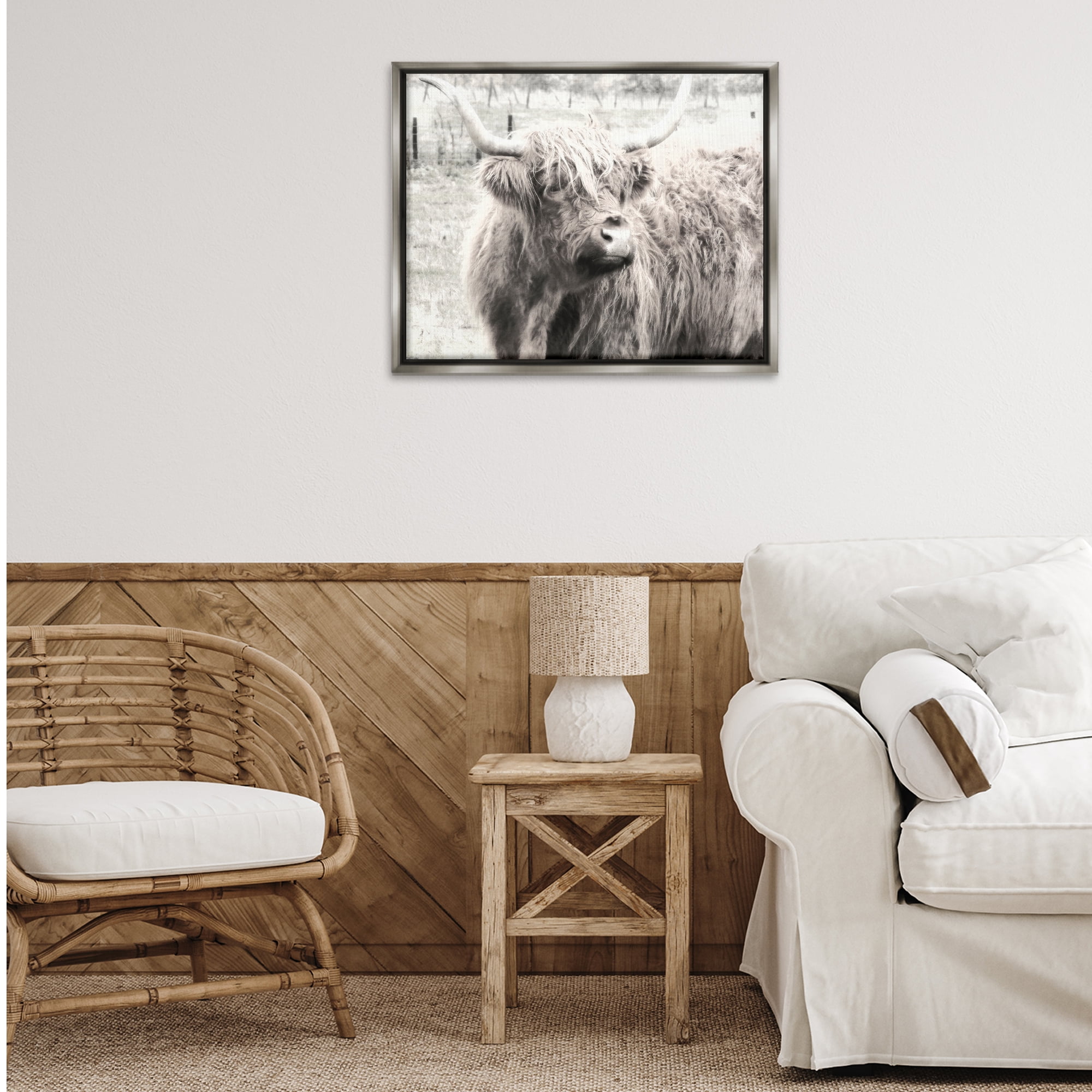 Stupell Industries Highland Cow Gazing Portrait Animals Photography Gray Floater Framed Canvas Art Print Wall Art, 31 x 25
