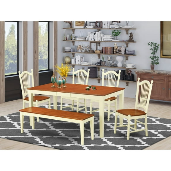 Dining Room Set - Dinette Table And Kitchen Dining Chairs-Finish:Buttermilk & Cherry,Number of Items:6,Shape:Rectangular,Style:Wood Seat