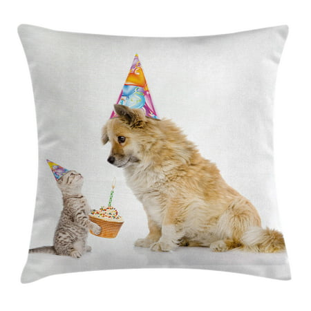 Birthday Decorations for Kids Throw Pillow Cushion Cover, Cat and Dog Human Best Friend Party with Cupcake and Candle, Decorative Square Accent Pillow Case, 16 X 16 Inches, Multicolor, by